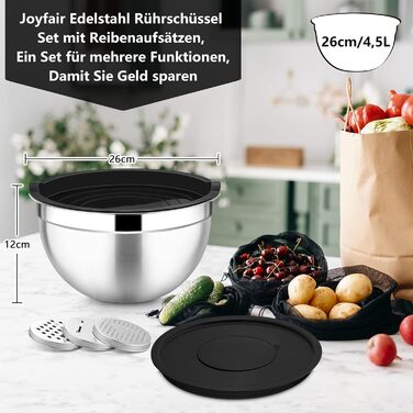 Миска Joyfair 4,5 л з нержавіючої сталі з кришкою, набором терок для приготування, миття в посудомийній машині - чорна