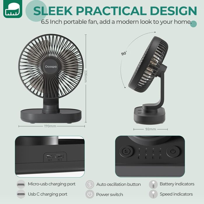 Вентилятор OCOOPA Rotateair: портативний, акумуляторний, 16.5 см, 4 швидкості, тихий (30dB), для дому, офісу, кемпінгу, чорний