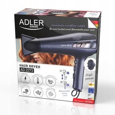 Фен для волосся Adler Europe 2400 Вт, фіолетовий, з іонізацією та кабелем, що згортається
