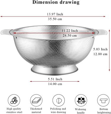 Ситечко Kyraton Gold Colander 5 Quart з нержавіючої сталі з покриттям з титану та золота, професійне, з міцними ручками та самостійною основою для зливу, легко миється, придатне для миття в посудомийній машині