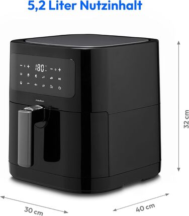 MEDION E40 XL Фритюрниця з гарячим повітрям (5.2 л, Airfryer, 2150 Вт, 9 автоматичних програм, функція випікання, без олії, сенсорне керування, LED дисплей, MD 11740) чорна