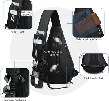 Сумка через плече TUDEQU для чоловіків, велика, 8 кишень, 19L, чорна