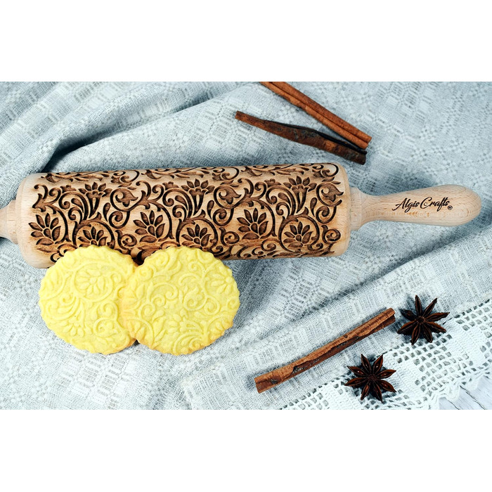 KLETTERBLUMEN Rolling Pin. Rolling pin with flowers for homemade pastries and ceramics. Engraved rolling pin with pattern for DIY kitchen, dough & cookies by Algis Crafts