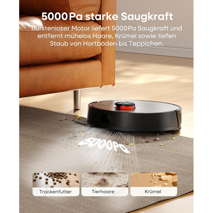 Робот-пилосос з функцією миття 5000Pa, з док-станцією 3.5L, час роботи 180 хв, LiDAR навігація, для шерсті тварин, килими, тверді підлоги, керування через додаток