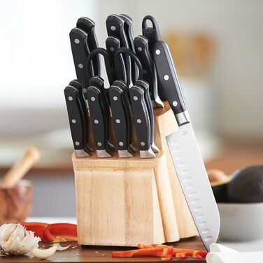 Amazon Basics Premium Knife Block Set, 9-Piece, Black - Includes 18 Knives