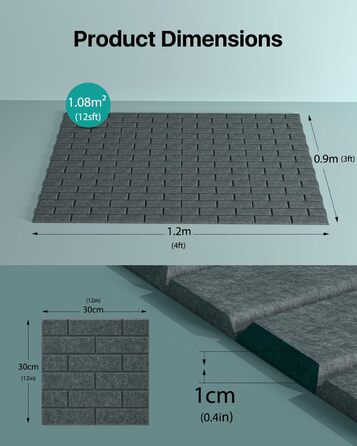 Самоклеючі акустичні панелі для шумоізоляції стін, звукопоглинаючі плити-цеглини високої щільності для декору та звукозахисту, 30x30x0.9 см, темно-сірі (12 шт)