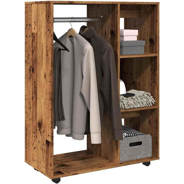 vidaXL Wardrobe with Open Shelf, 3 Side Shelves, Wheels, Coat Rack, Wardrobe, Bedroom, Closet, White, 80x40x110cm, Wood-Based Material (Reclaimed Wood)