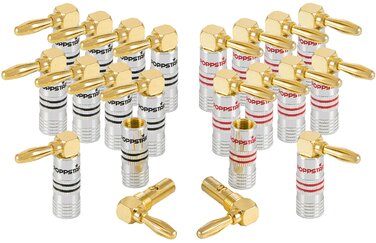 Комплект кутових бананових роз'ємів Poppstar High End (12 шт), 24k позолочені контакти, до 6 мм², чорні та червоні