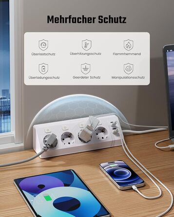 Розетка кутова з 2 USB та 2 Type-C, 16A/3840W, настінна, з кабелем 2м, для офісу, кухні та вітальні, біла