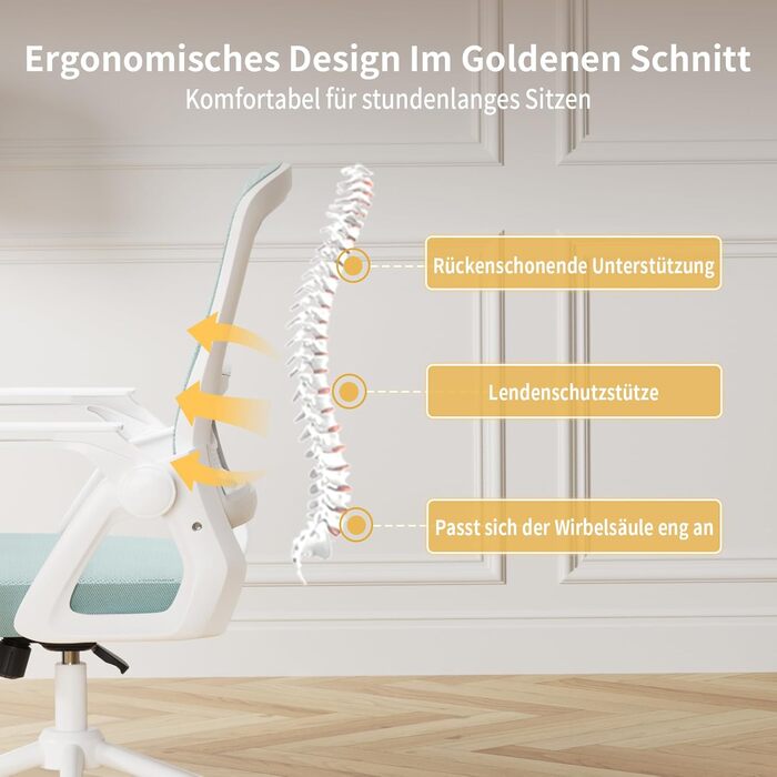 Офісний стіл Naspiro Ergonomischer Bürostuhl, регульований по висоті, з дихаючою спинкою з сітки, відкидні підлокітники на 90° та поперекова підтримка, високощільна піна для дому/офісу (Зелений, без підголівника)