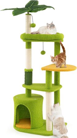 Дерев'яний кігтеточка для котів Costway 97 см з печерою та лежанками, кігтеточка з сизалевого мотузка та дерев'яною основою, зелено-бежева