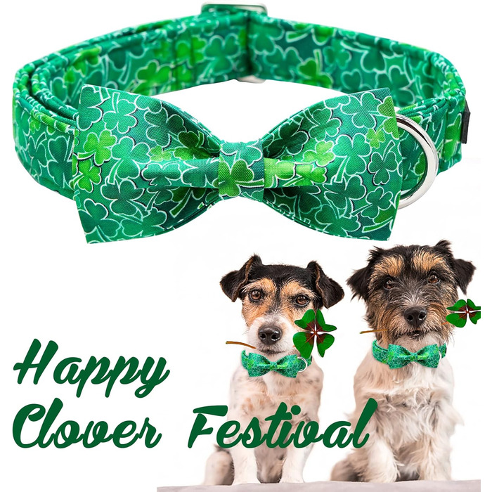 Нашийник для собак Unique Style на День Святого Патріка з бантиком, зелений клевер, для цуценят, маленьких, середніх та великих собак, хлопчиків та дівчаток, білий трилисник