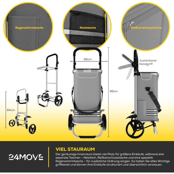 Тролей для покупок 24MOVE® Vehlo: складаний, 55л, з відділенням для охолодження, 3в1 (сумка, візок, сак-воза), до 30кг, сірий