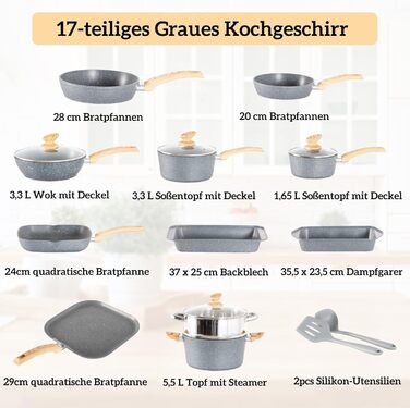 Kitchen Academy 17-Piece Induction Cookware Set with Glass Lids and Granite Coating, including Frying Pans and Pots (gray, 17 piece)