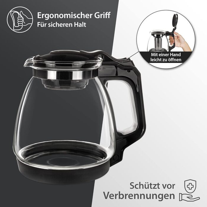 Скляний чайник T24 з ситом, 1250 мл (без підставки) - стійкий до високих температур, з нержавіючою сталлю, для заварювання листового чаю