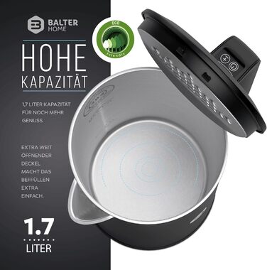 Balter Stainless Steel Electric Kettle with Temperature Control - 40°C to 100°C, Double Wall, BPA Free, 1.7L, 2200W, Quiet, Black