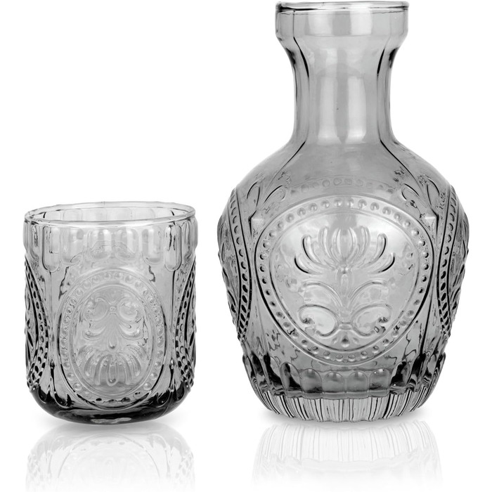 Curator Home Vintage Glass Carafe with Lid & Matching Drinking Glass – 750 ml Capacity – Elegant Glass Jug for Water, Juice, or Wine – Stylish Home Decor for Kitchen or Dining Room (gray)
