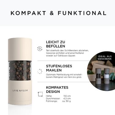 LARS NYSØM Salt and Pepper Mill Set made of Stainless Steel with Adjustable Ceramic Grinder, 2 Pieces | Manual Spice Mills with High-Quality Design (2 pcs) (Brown/Beige)