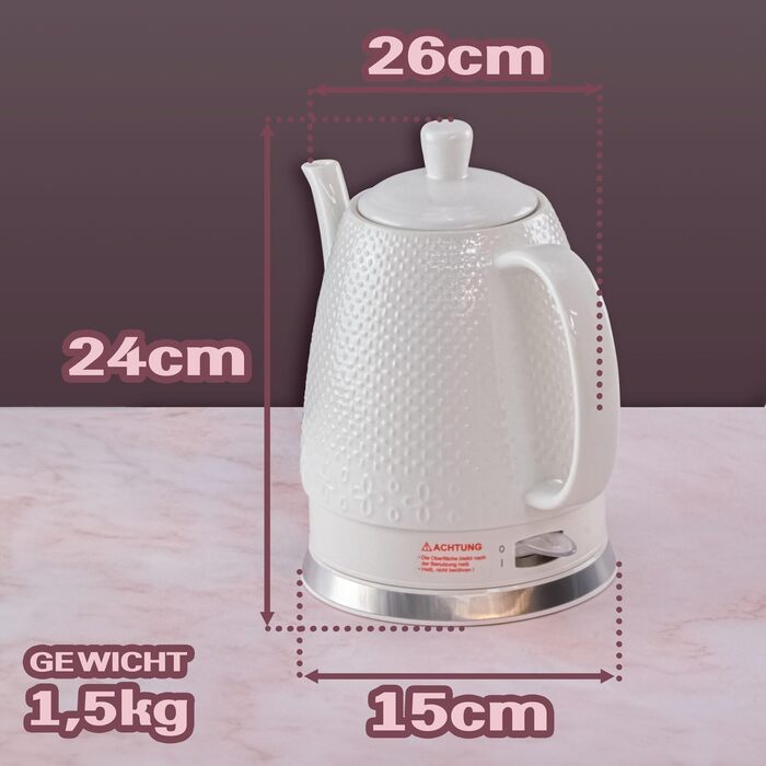 Електричний чайник з кераміки, 1,5 л, знімний кришка, білий - Дизайн Sakura, лебідячий ніс