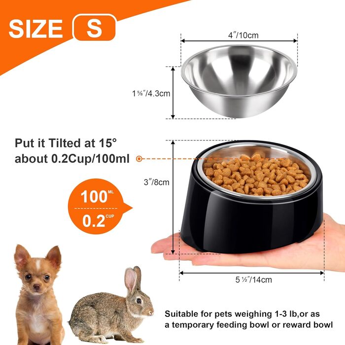 Миска для собак Petvillage з нахилом 15°, неслизька та витікає, знімний стійкий підставник з меламіну, розмір S/0,5 чашки, чорна