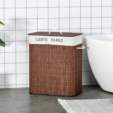 HOMCOM 100L кошик для білизни, контейнер для збору білизни, коробка для білизни з 3 ручками та знімним пранню мішком з бамбука, бавовни, металу, коричневого+білого кольорів, розміром 52x32x63 см | Aosom