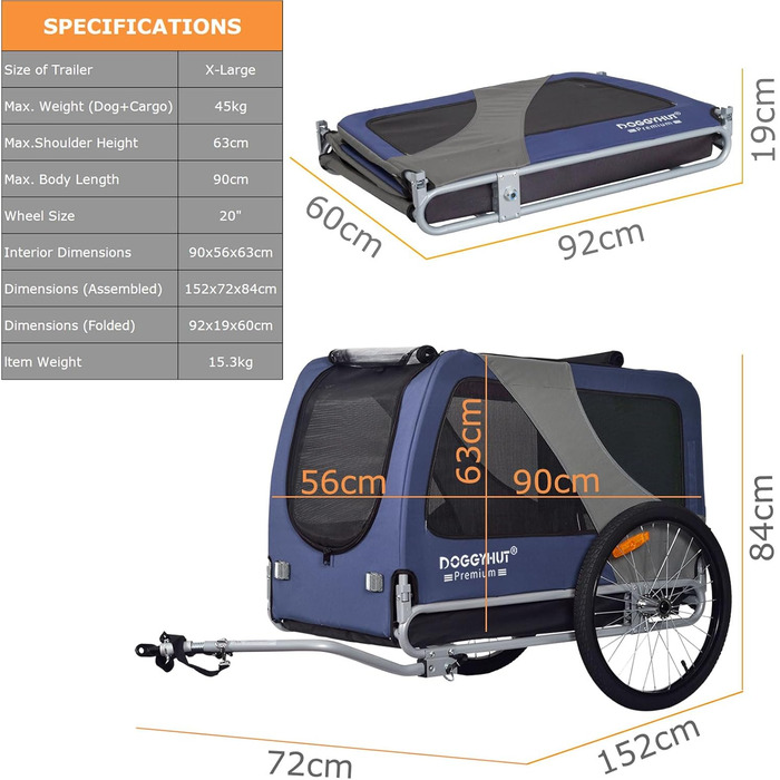 DOGGYHUT® Преміум XL велопричіп для собак до 45 кг, блакитний