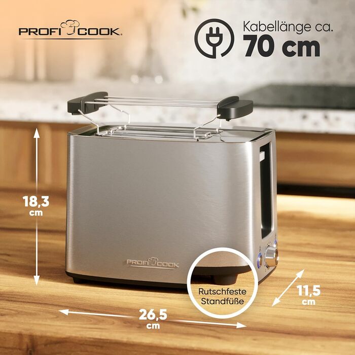Тостер ProfiCook PC-TA 1244: 2 відділення, широкі слоти, 7 рівнів підсмажування, зйомна крихта, корпус з нержавіючої сталі, сенсорне керування, насадка для тостів