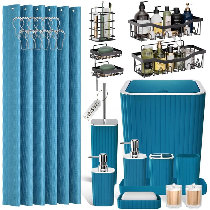 Набір аксесуарів для ванної кімнати – 10 предметів, зелений колір, WC-щітка, смітник, душова завіса, органайзер для душу