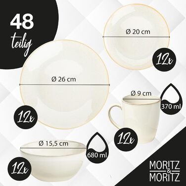 Стильний сервіз Moritz & Moritz SENSE на 48 предметів для 12 осіб, бежевий – набір столового посуду зі стійкого до подряпин кам'яного посуду, підходить для мікрохвильовки та посудомийки