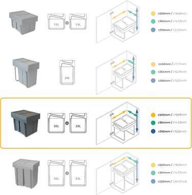 Відро для сміття кухонне Emuca з підвісною системою, 2 висувні контейнери по 20 л, загальний об'єм 40 л (2 x 20 л), сталь та пластик, антрацитовий колір