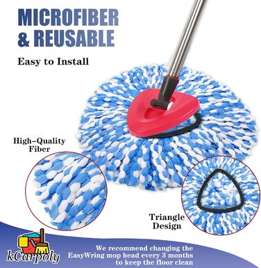 EasyWring Replacement Mop Head Refill for 1 Bucket System, Spin Mop Replacement Heads, compatible with Triangle Spin Mop – Microfiber Mop Easy Clean Floor Head Mop with 1 Spin Mop Base (blue)