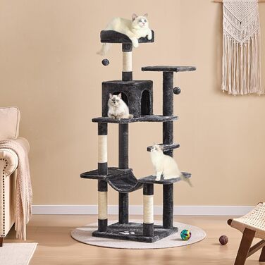 Кігтеточка для котів MSmask велика, багатоповерхова з платформами, печерами та гамаком, обтягнута сизалем (темно-сіра)