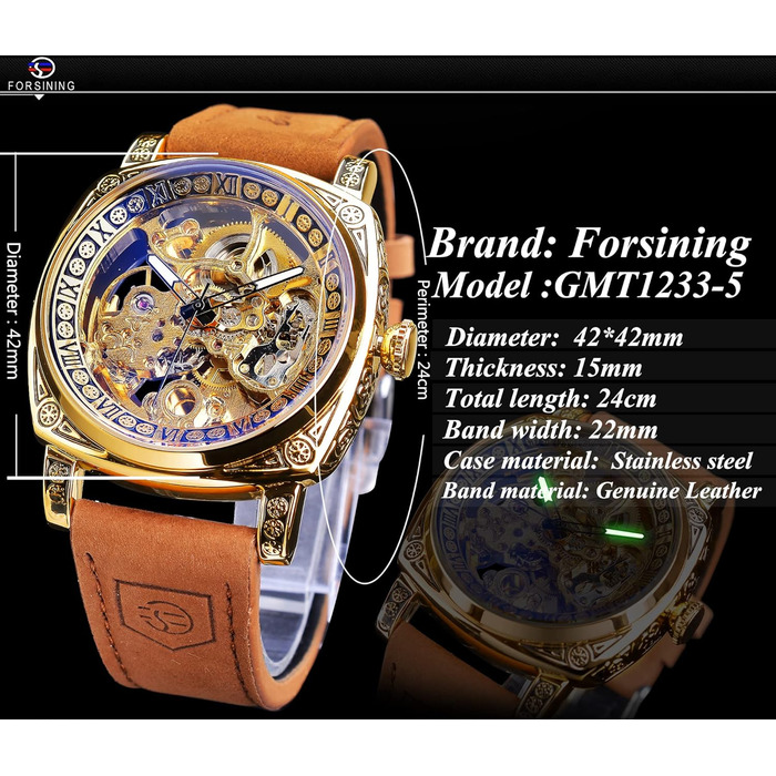 FORSINING Чоловічий годинник: квадратний ретро механічний годинник з автопідзаводом, скелетон, золотий, з шкіряним ремінцем