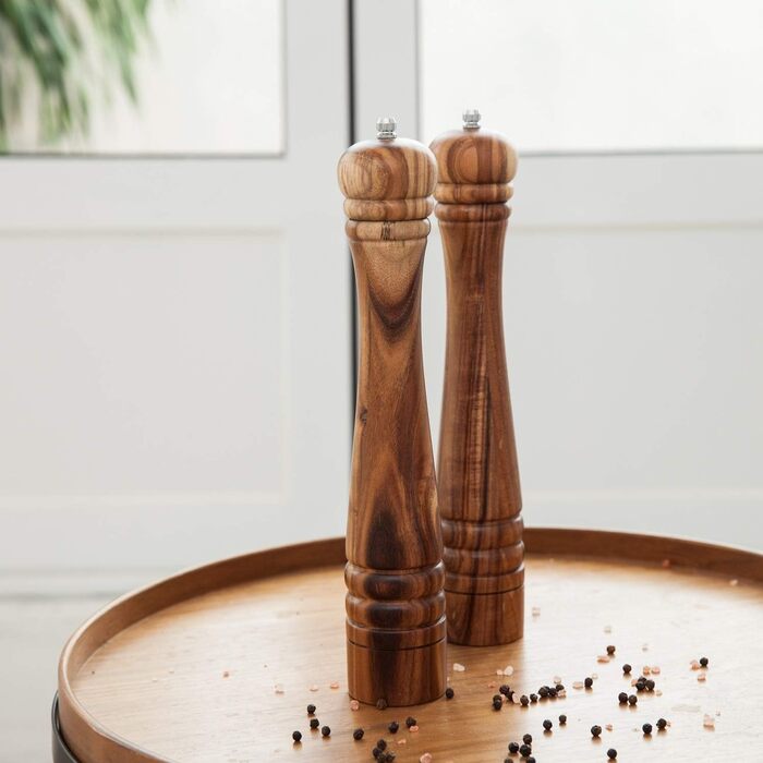 DeroTeno Salt and Pepper Mill Set, 2-Piece Spice Mill Set, Salt and Pepper Mills made of Acacia Wood with Ceramic Grinder, H 30 cm