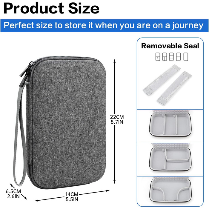 Органайзер для кабелів Teskyer, водонепроникний, жорсткий корпус, велика місткість, сірий (14 x 22 x 6,5 см)