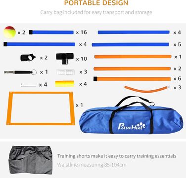 Набір для аджиліті PawHut для собак, 8 предметів, для вулиці, з тканинними стовпчиками, регульоване кільце для стрибків, бар'єри, зона відпочинку, тенісні м'ячі, свисток, шорти для тренувань