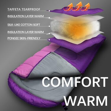 Спальний мішок Outdoor для дорослих, зимовий, машинного прання, водонепроникний, 3-4 сезони, з компресійним мішком, для кемпінгу, піших прогулянок, подорожей, 0℃-Комфорт, ліловий, 220x85CM