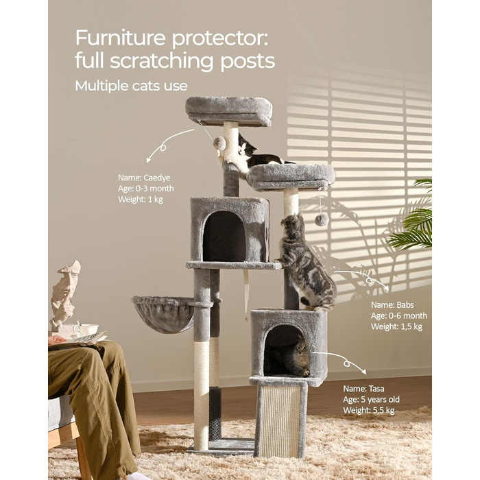 Кігтеточка для котів FourFurPets 156 см з драбиною з сизалю, 2 платформи, 2 печери, гамак, м'ячики (світло-сірий)