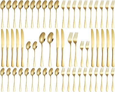 12-Person Cutlery Set, 60-Piece Gold Stainless Steel Cutlery Sets, Elegant Dinnerware Cutlery, High-Gloss Polished and Dishwasher Safe, with Knife, Fork, and Spoon, for Home, Party, Restaurant