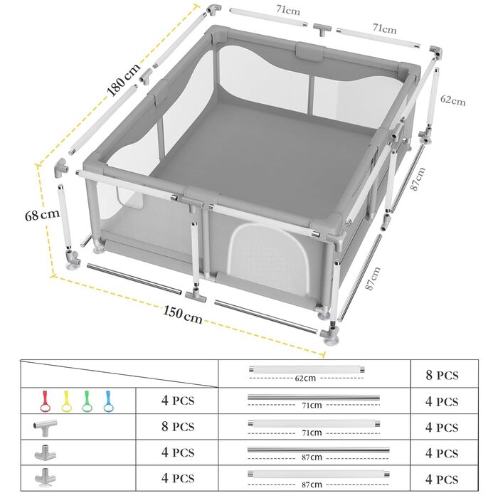 Sarr Klith Playpen Baby 150 x 180cm, Playpen with Suction Cups, Indoor/Outdoor Playpen with Breathable Mesh, No Play Mat, Large Safety Play Area with Easy Assembly/Disassembly 150x180cm