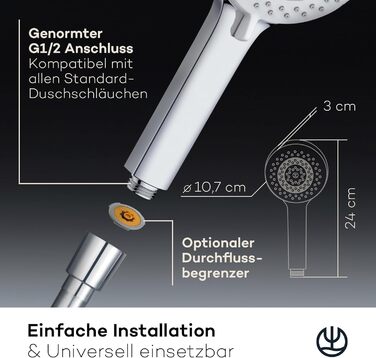 KLUDI-X1 Universal Shower Head with Hose, optional shower spray, water-saving with 3 spray patterns (Body, Hair, Skin), easy-to-clean shower head Ø 10.7 cm, shower hose 1.60 m