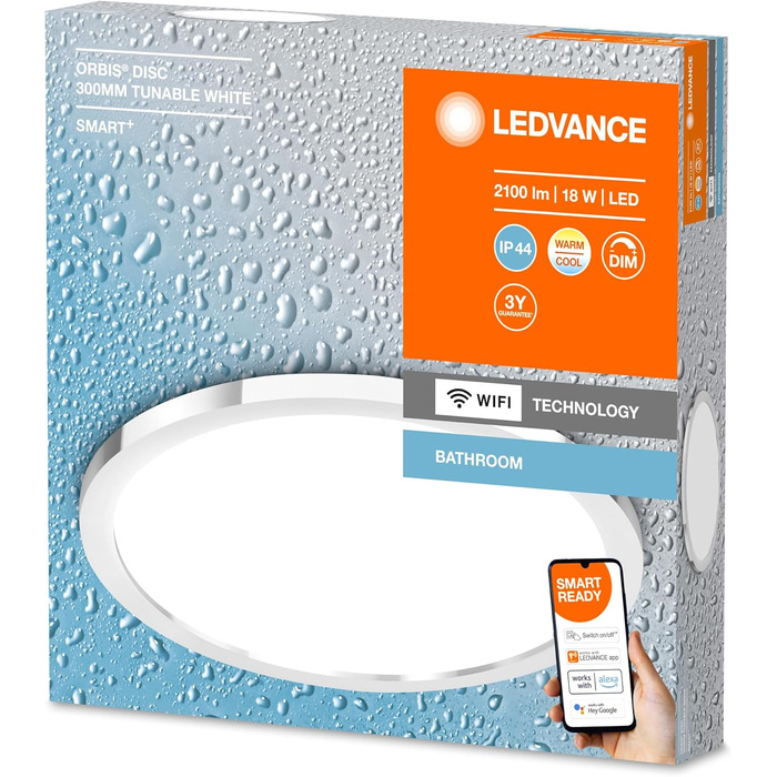 LEDVANCE Smart LED Bathroom Lamp white, 1200LM, 3000-6500K, 300mm x 70mm, IP44, Orbis Bath Bathroom Light with Wifi Technology, dimmable, controllable via app and voice assistants (Chrome, 30cm, Disc)