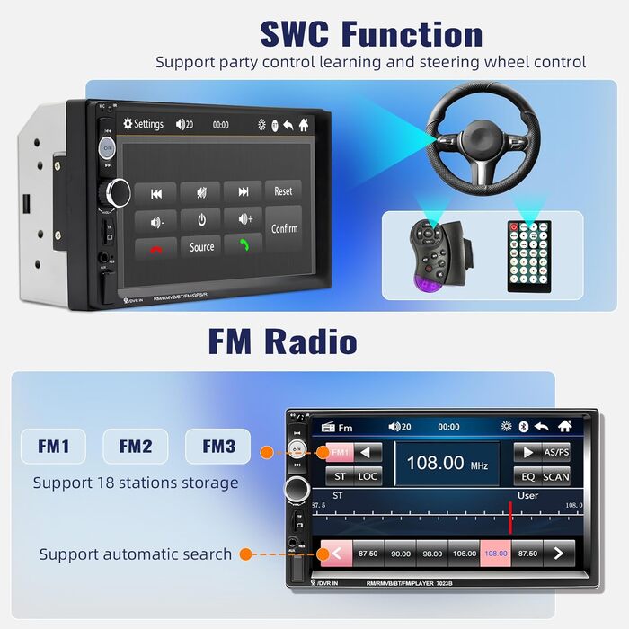 Автомагнітола CAMECHO 2 DIN з 7-дюймовим сенсорним екраном, Bluetooth, Mirror Link, FM-радіо, USB, AUX, керування з керма, 7 кольорів підсвітки, камера заднього виду, MP5