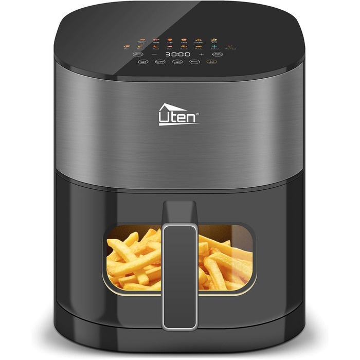Універсальна аерофритюрниця Uten Dual Blaze 2000 Вт, 5,5 л, без масла, 14 програм, з оглядовим вікном, сірий квадрат