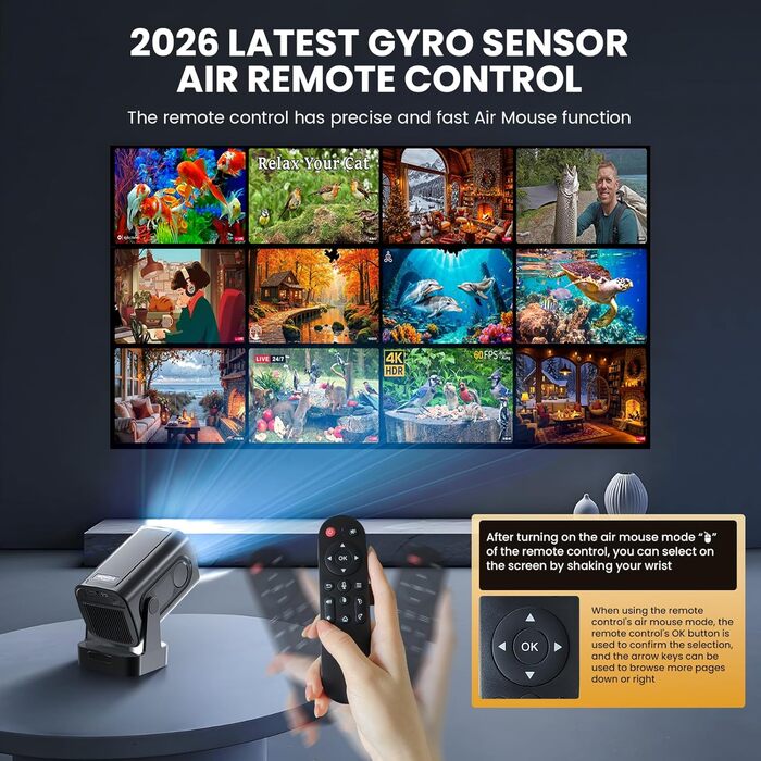 Портативний проєктор Beamer 4K з автофокусом, WiFi 6, Bluetooth 5.4 та інтегрованими додатками (2026 модель). Підтримка HDMI, TV Stick, Memory Stick, Laptop. Чорний