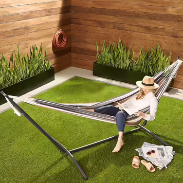 Amazon Basics Hammock with Stand, Fabric, One Size, 117 cm x 300 cm x 100 cm, Multicolored