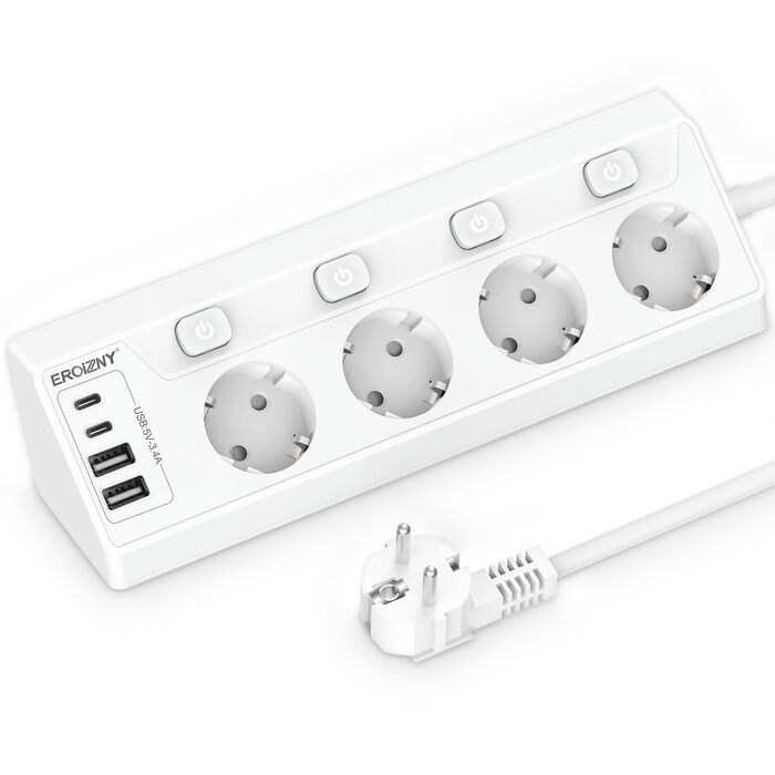 Мережева розетка з 2 USB-C (PD 20W) та 1 USB-A, трьохсекційна з вимикачем, захист від перенапруги, зручна для зберігання, розподільник для подорожей, кабель 1,5 м (кутова розетка)