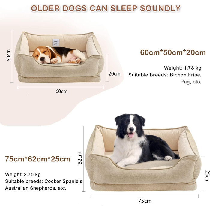 Ортопедичне ліжко для собак та котів, миється, для середніх та маленьких собак, знімний кошик, пухнастий, стійкий до укусів (75 x 62 x 25 см, кольоро персика)