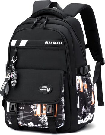 Шкільний рюкзак Tanou для хлопців-підлітків, принт графіті, водонепроникний, для школи, гімназії, старшої школи (Чорний/Оранжевий)