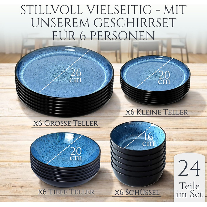 Набір посуду Steingut Ibiza 24 шт. для 6 осіб - глибоке синій колір, Pure Living, TESTSIEGER